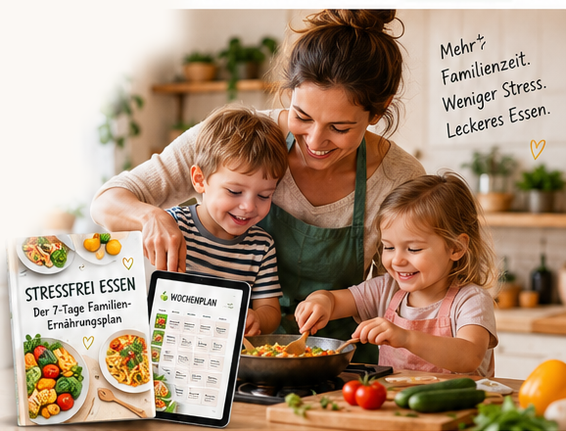 Eine Mutter kocht mit zwei Kindern. Neben ihnen liegen der 7-Tage-Familien-Ernährungsplan und ein Wochenplan auf dem Tablet. Darüber steht: Mehr Familienzeit. Weniger Stress. Leckeres Essen.